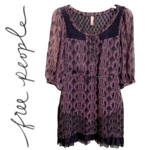 Free people wheat print semi sheer dress with black knit shoulders and back- XS